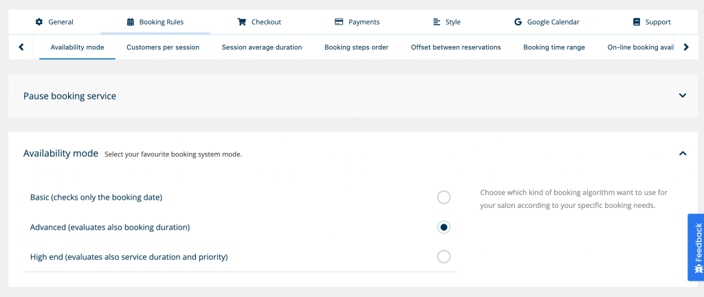 Booking availability mode