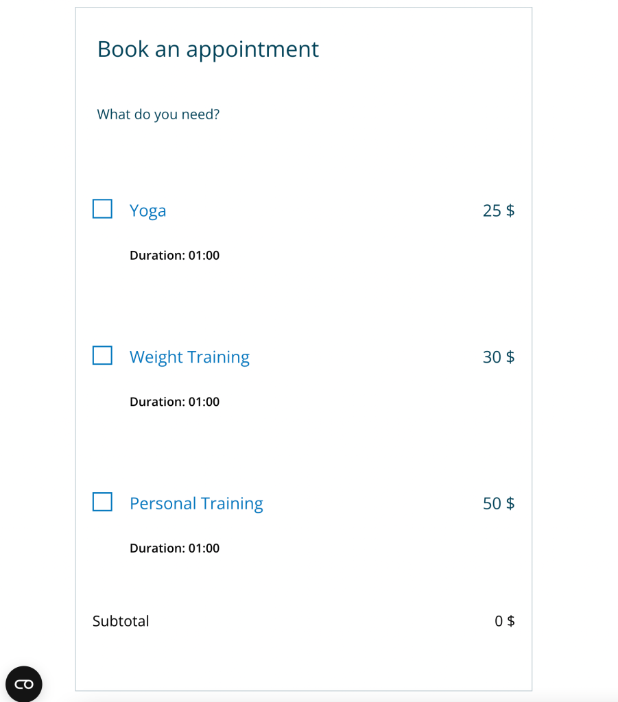 Personal trainer booking form
