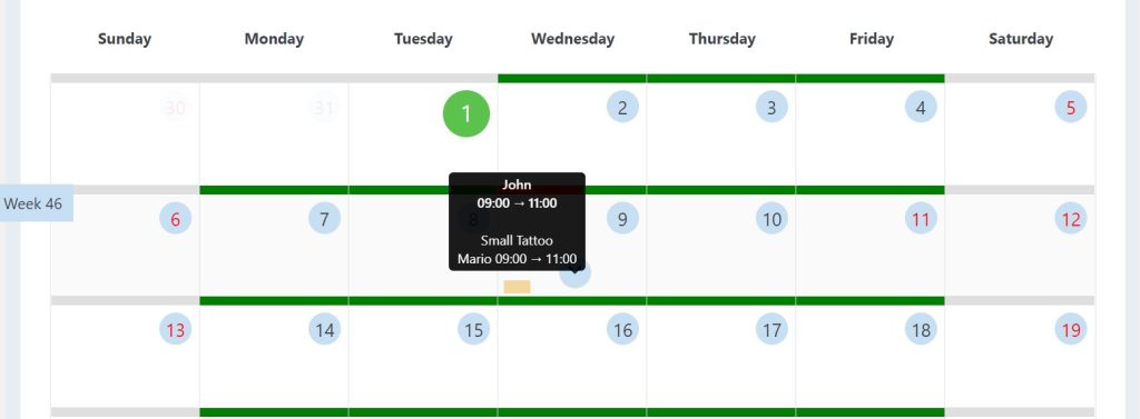 A booking calendar with a tattoo service scheduled.