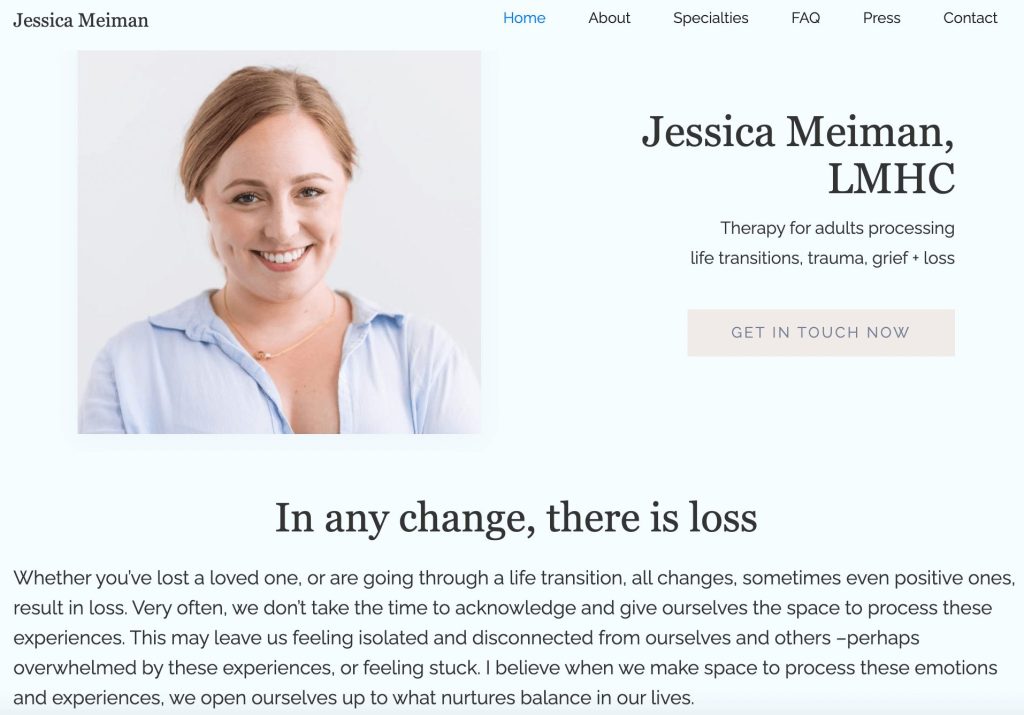 Therapist Jessica Meiman's About page.