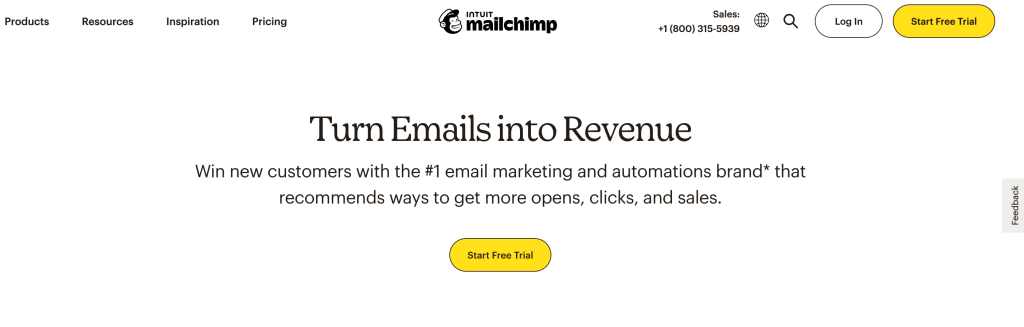 La homepage di Mailchimp.