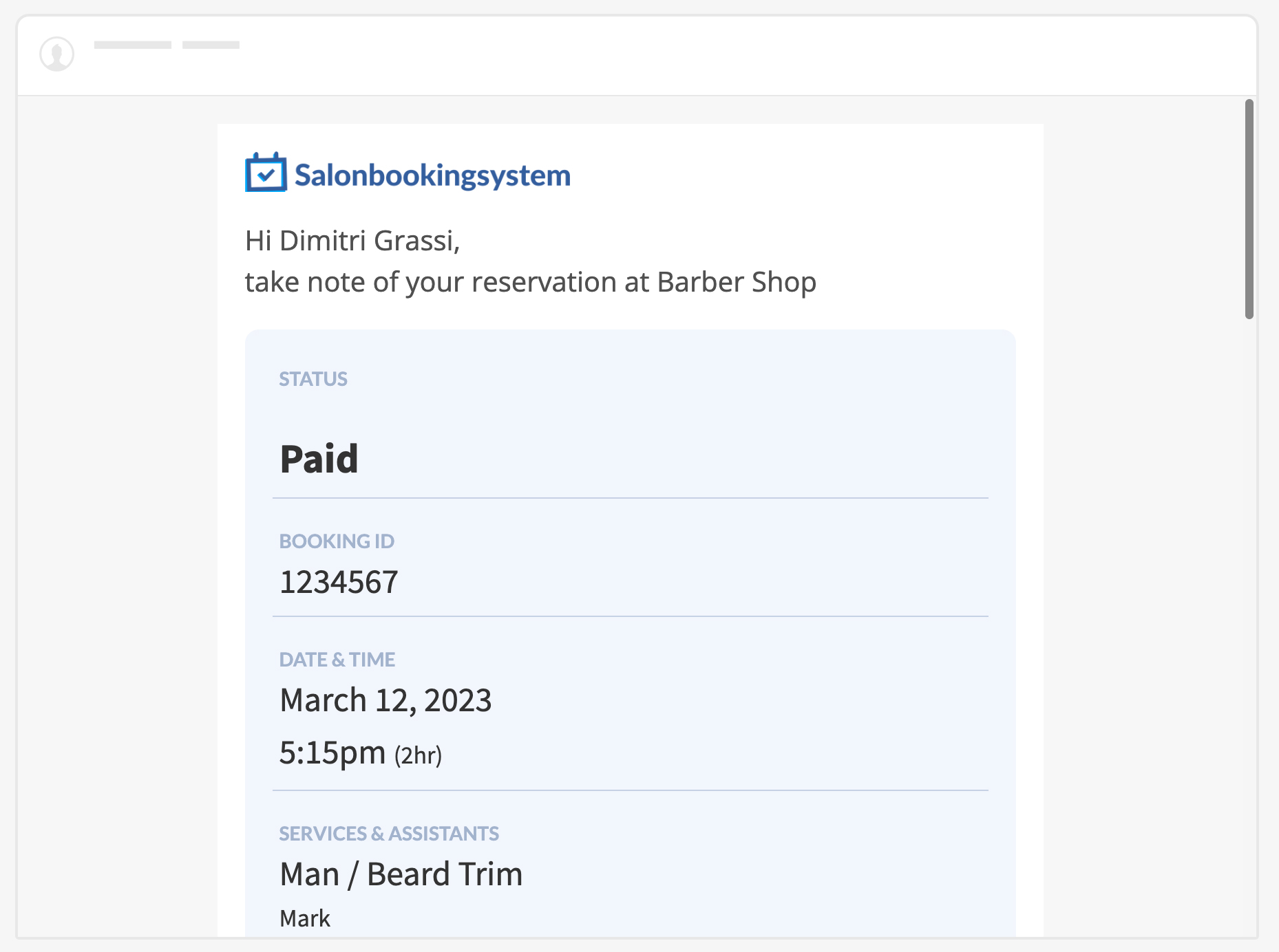 salon booking system - email notification - details