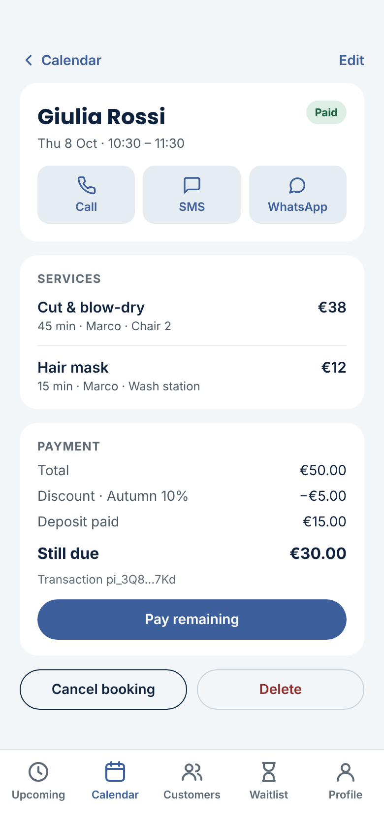 Salon Booking System Mobile Web App — Booking detail with services, payment block and call, SMS, WhatsApp