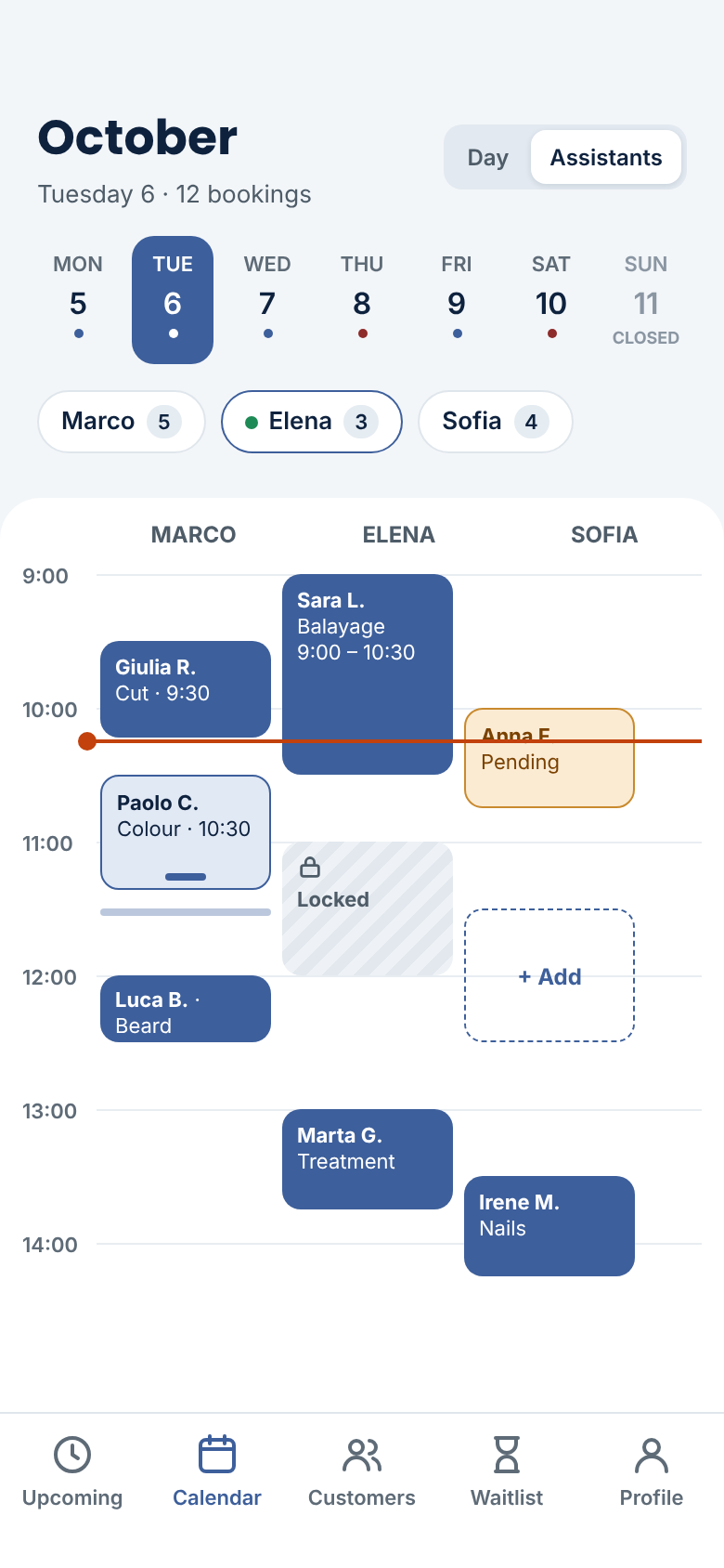 Salon Booking System Mobile Web App — Calendar in Assistants view, one column per stylist