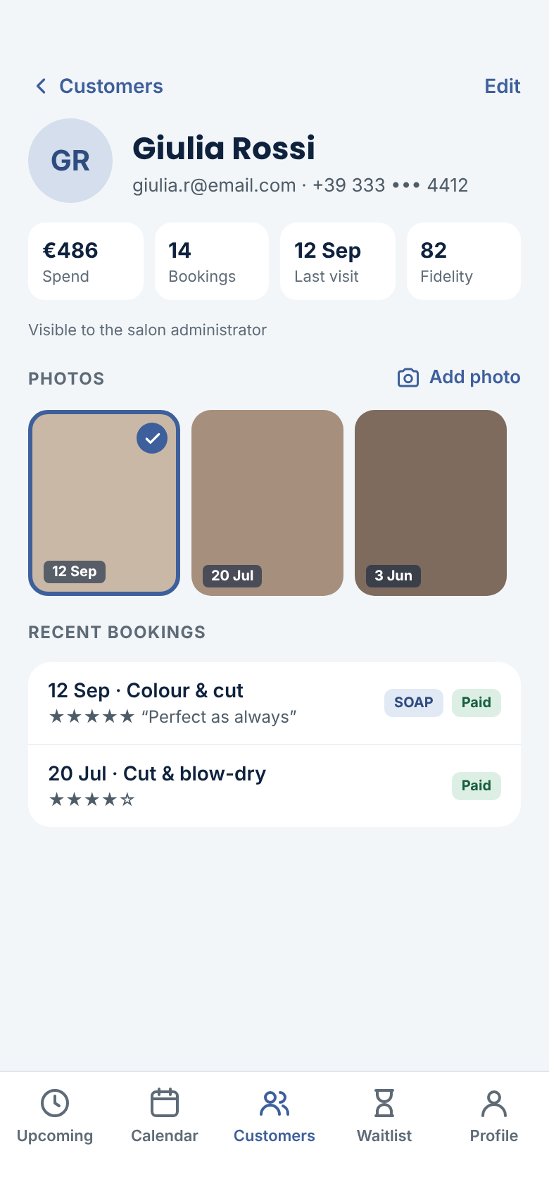 Salon Booking System Mobile Web App — Customer profile with photos and recent visits