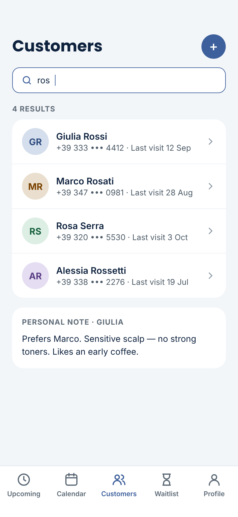 Salon Booking System Mobile Web App — Customer book with search