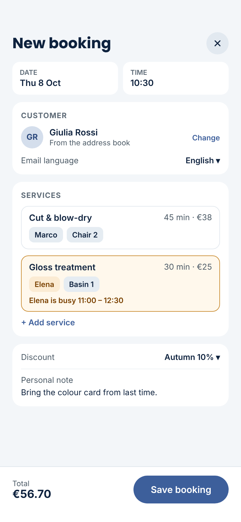 Salon Booking System Mobile Web App — New booking form with services, assistants and availability check