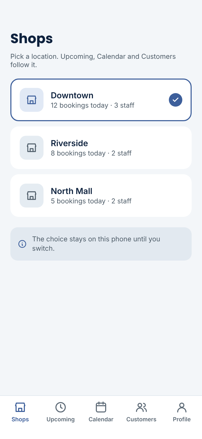 Salon Booking System Mobile Web App — Multi-Shops add-on: choose the location