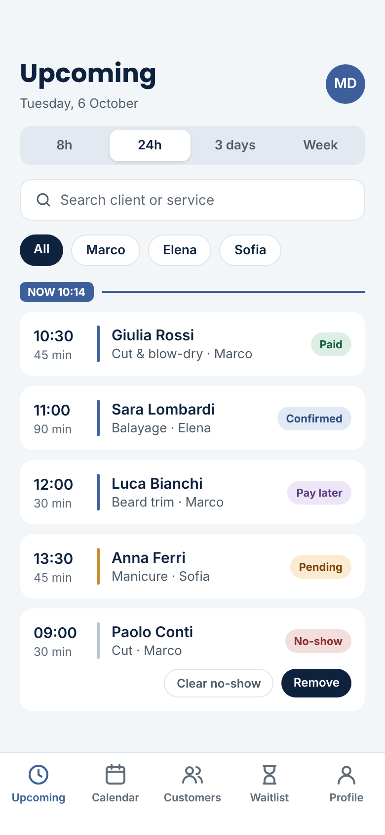 Salon Booking System Mobile Web App — Upcoming screen: today's bookings with status and no-show