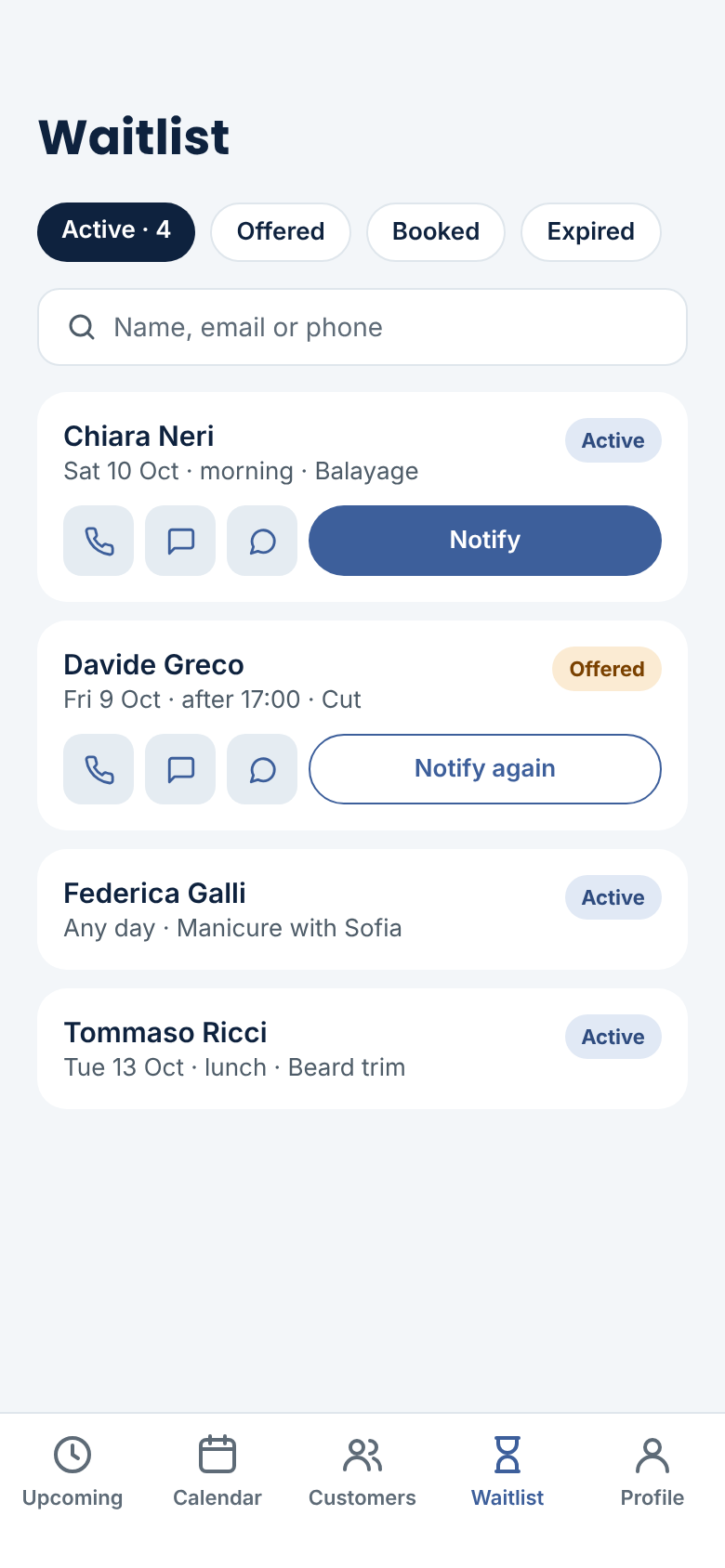 Salon Booking System Mobile Web App — Smart Waitlist add-on: clients waiting for a slot