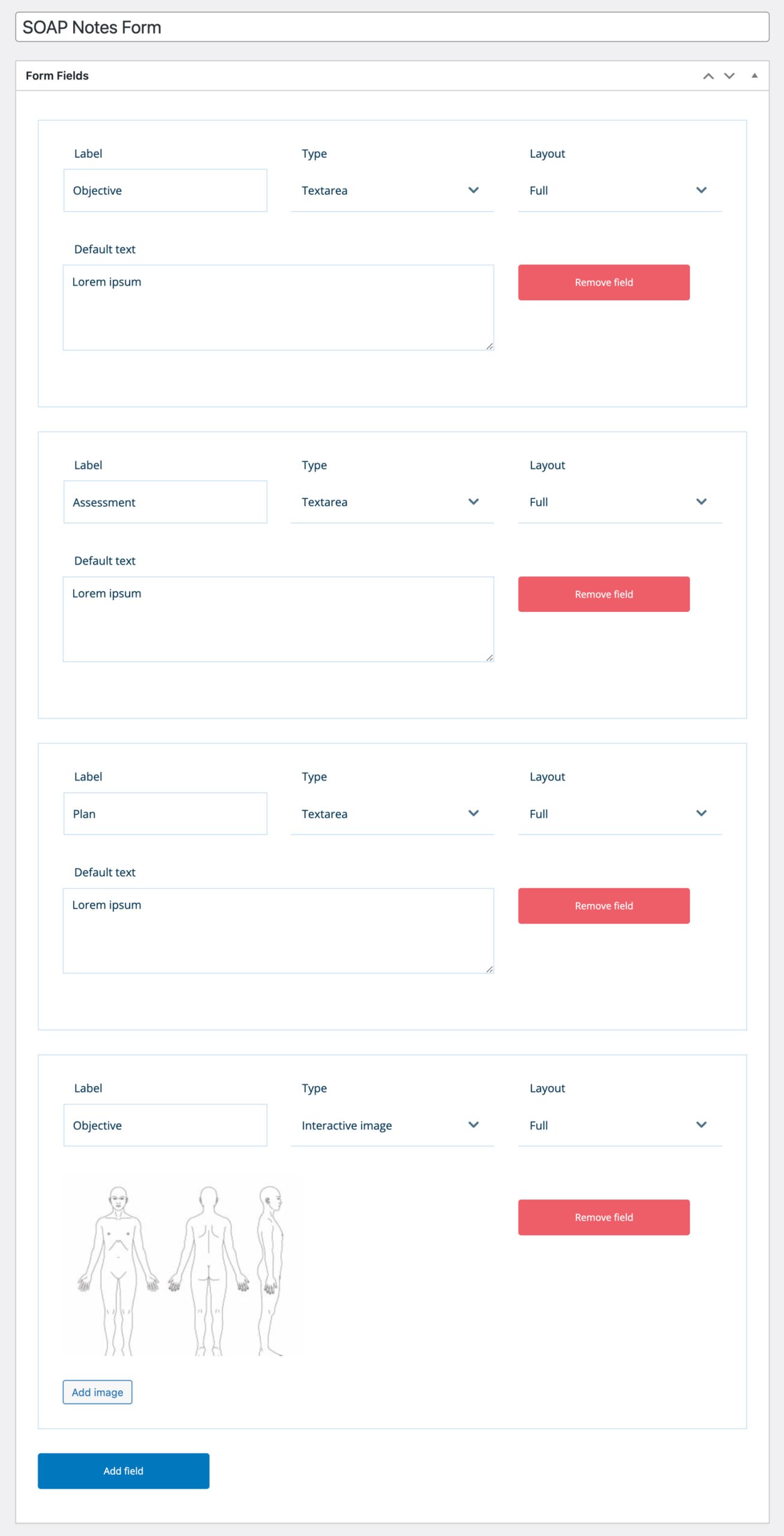 SOAP Notes form setup page